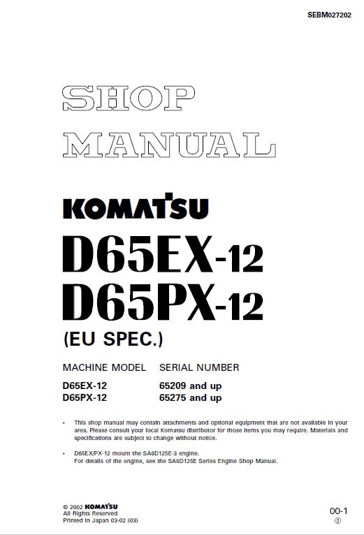 Komatsu D65E-12, D65P-12, D65EX-12, D65PX-12 Bulldozer Pdf Service