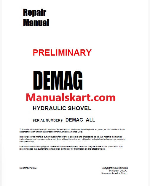 Komatsu DEMAG Hydraulic Shovel Pdf Repair Service Manual