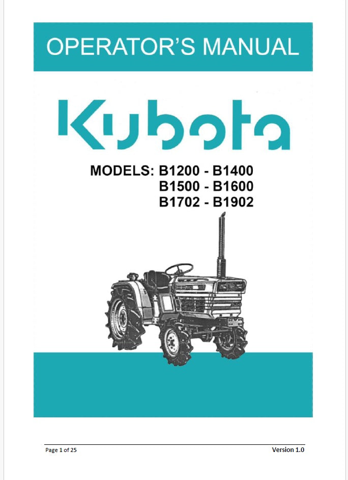 Kubota B1200, B1400, B1500, B1600, B1702, B1902 Tractor Pdf Operator's Manual