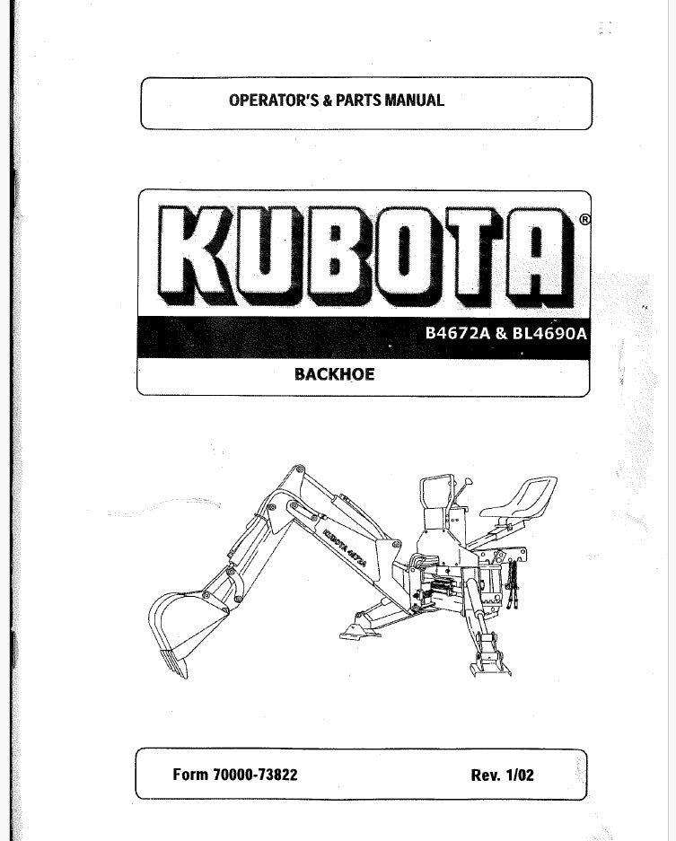 Kubota B4672A, BL4690A Backhoe Pdf Parts and Operator's Manual