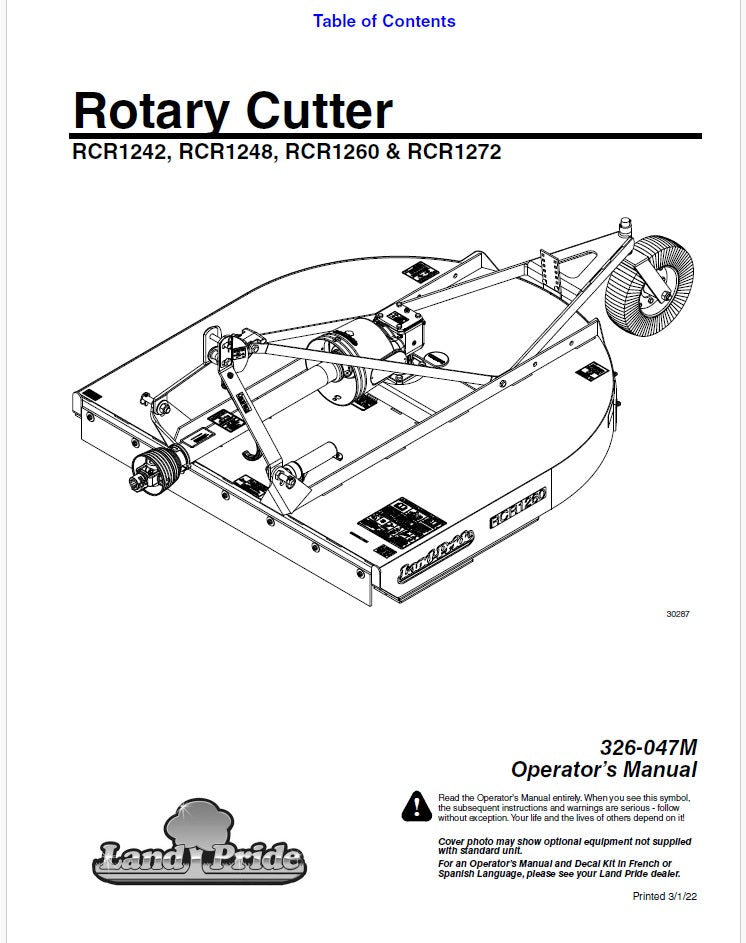 Kubota RCR1242, RCR1248, RCR1260, RCR1272 Rotary Cutter Pdf Operator's Manual