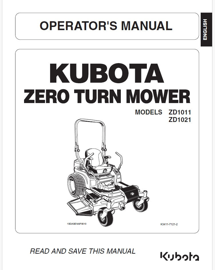 Kubota ZD1011, ZD1021 Zero Turn Mower Pdf Operator's Manual