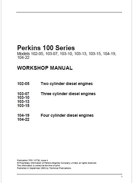 Perkins 102-05, 103-07, 103-10, 103-13, 103-15, 104-19, 104-22 Engine Service Manual