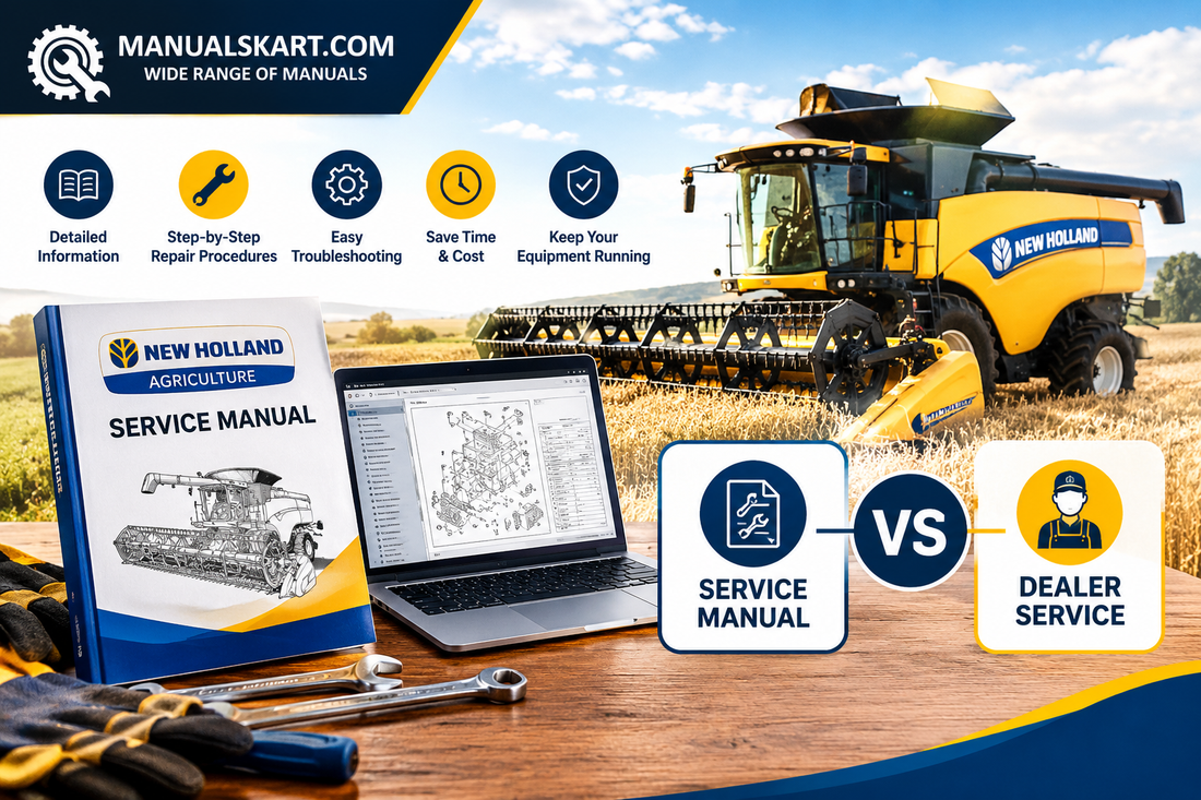 New Holland agriculture service manual showing repair procedures, troubleshooting guides, and maintenance information compared with dealer service support for equipment repairs.
