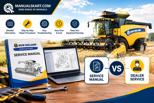 New Holland agriculture service manual showing repair procedures, troubleshooting guides, and maintenance information compared with dealer service support for equipment repairs.
