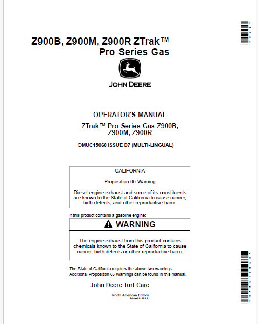 John Deere Z915B, Z920M, Z925M, Z930M, Z930R, Z950M, Z950R, Z960M, Z970R Pdf Operator's Manual OMUC15068