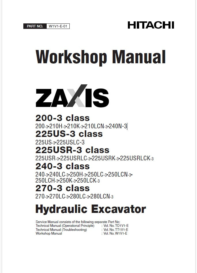 Hitachi ZX200-3, ZX210H-3, ZX210K-3, ZX210LCN-3, ZX240N-3 Hydraulic Excavator Repair Service Manual