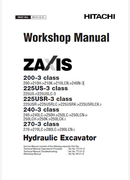Hitachi ZX200-3, ZX210H-3, ZX210K-3, ZX210LCN-3, ZX240N-3 Hydraulic Excavator Repair Service Manual