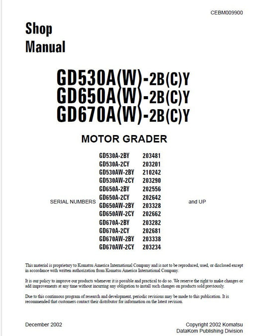 Komatsu GD530A(W)-2B(C)Y Motor Grader Pdf Repair Service Manual