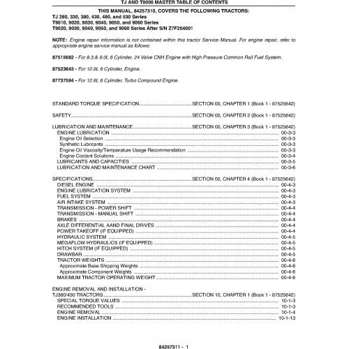 New Holland TJ280, TJ330, TJ380, TJ430, TJ480, TJ530, T9010, T9020, T9030, T9040, T9050, T9060 Tractors Pdf Repair Service Manual (P. Nb. 884257310)
