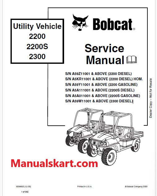 Bobcat 2200, 2200S, 2300 Utility Vehicle Pdf Repair Service Manual (Pb no. 6904893)