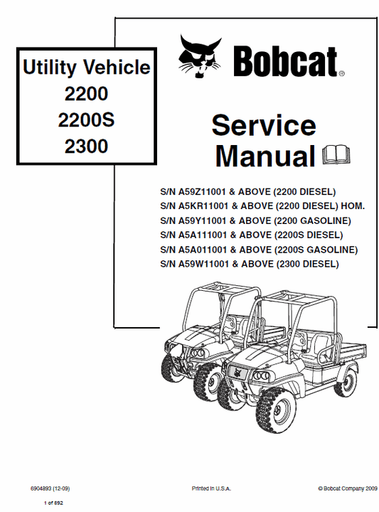 Bobcat 2200, 2200s, 2300 Utility Vehicle Pdf Repair Service Manual