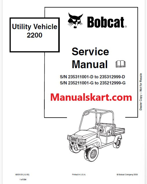 Bobcat 2200 Utility Vehicle Pdf Repair Service Manual (Pb no. 6903129)