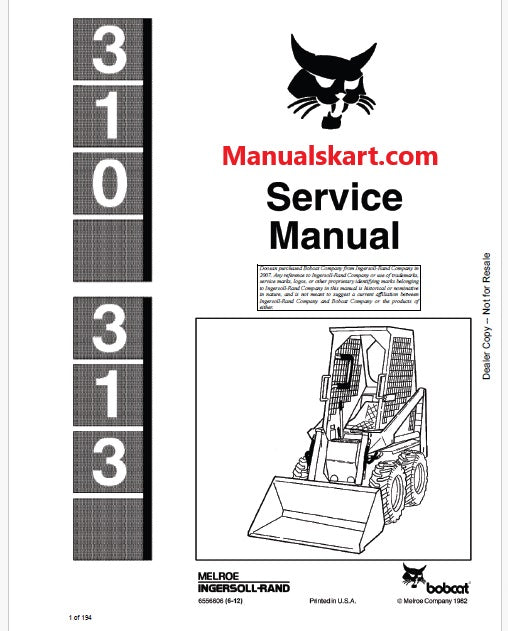 Bobcat 310, 313 Skid Steer Loader Pdf Repair Service Manual