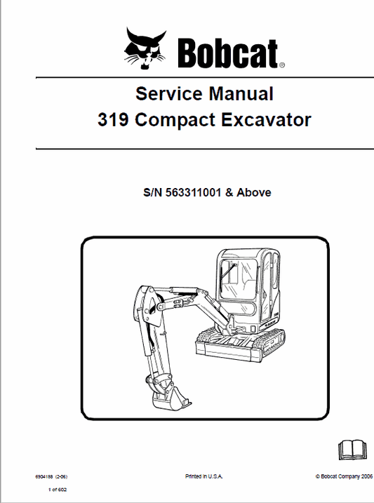 Bobcat 319 Compact Excavator Pdf Repair Service Manual Sn 563311001 & Above