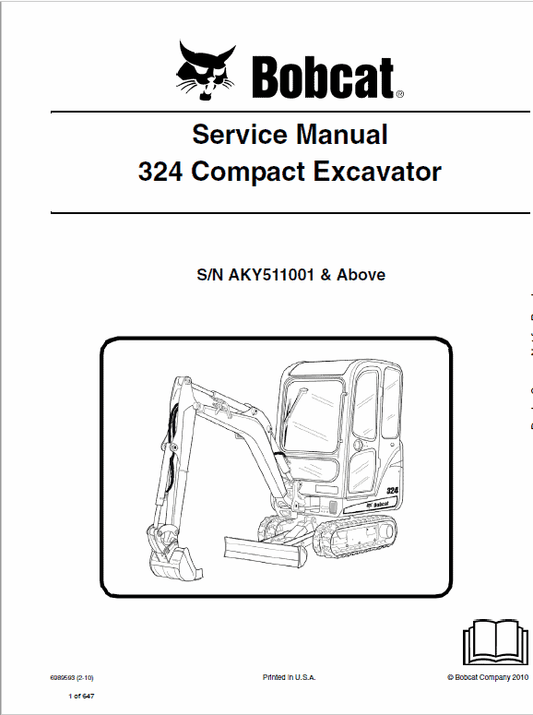 Bobcat 324 Compact Excavator Pdf Repair Service Manual (p. Nb. 6989593enus 02-16 C)