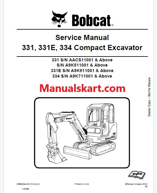 Bobcat 331 Compact Excavator Pdf Repair Service Manual