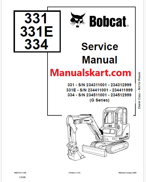 Bobcat 331 Excavator Pdf Repair Service Manual S/N 234311001 - 234312999