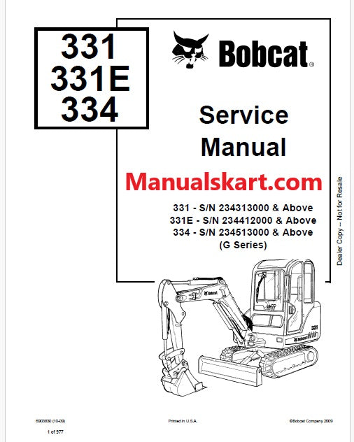 Bobcat 331 Excavator Pdf Repair Service Manual S/N 234313000 & Above