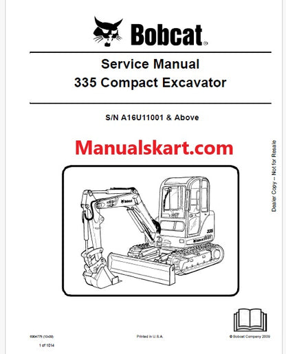 Bobcat 335 Compact Excavator Pdf Repair Service Manual S/N A16U11001 & Above