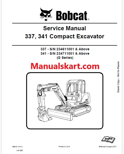 Bobcat 341 Excavator Pdf Repair Service Manual S/N 234711001 & Above