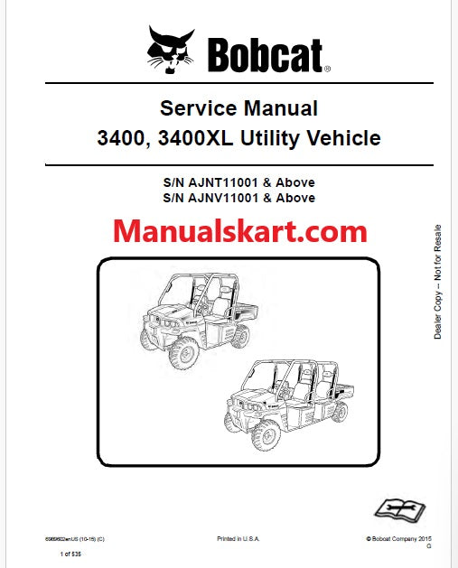 Bobcat 3400, 3400XL Utility Vehicle Pdf Repair Service Manual (Pb no. 6989602enUS)