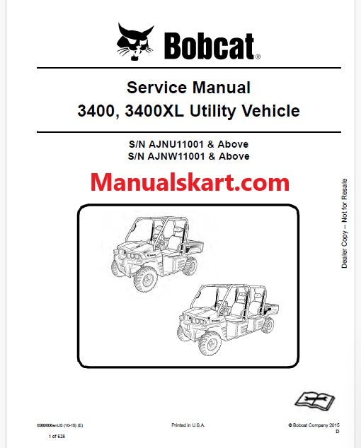 Bobcat 3400, 3400XL Utility Vehicle Pdf Repair Service Manual (Pb no. 6989606enUS)