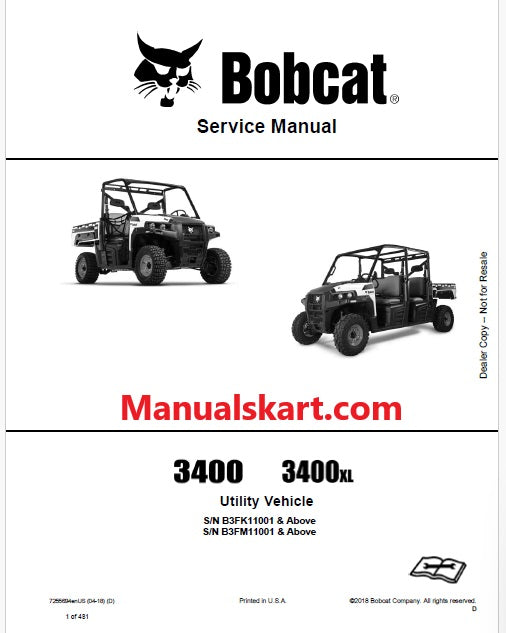 Bobcat 3400, 3400XL Utility Vehicle Pdf Repair Service Manual (Pb no. 7255694enUS)