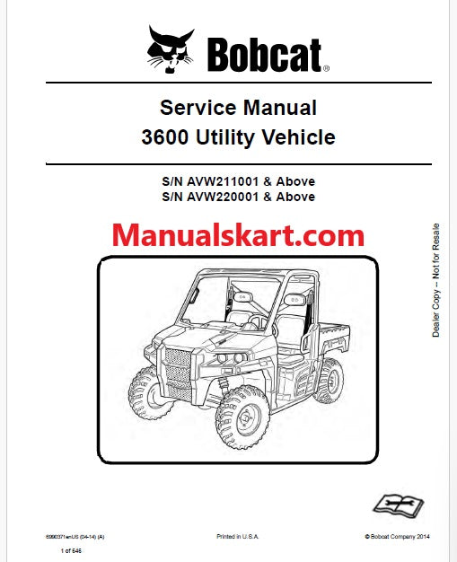 Bobcat 3600 Utility Vehicle Pdf Repair Service Manual (Pb no. 6990371enUS)