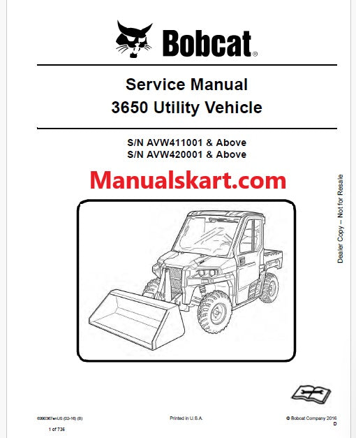 Bobcat 3650 Utility Vehicle Pdf Repair Service Manual (Pb no. 6990367enUS)