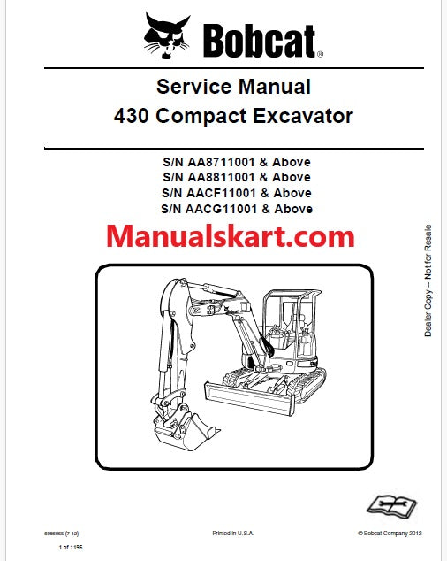 Bobcat 430 Compact Excavator Pdf Repair Service Manual Download