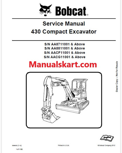 Bobcat 430 Compact Excavator Pdf Repair Service Manual Download