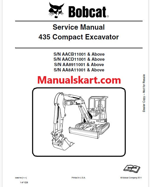 Bobcat 435 Compact Excavator Pdf Repair Service Manual Download