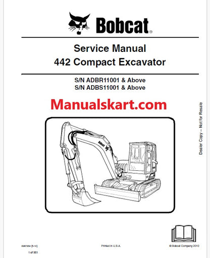 Bobcat 442 Compact Excavator Pdf Repair Service Manual Download