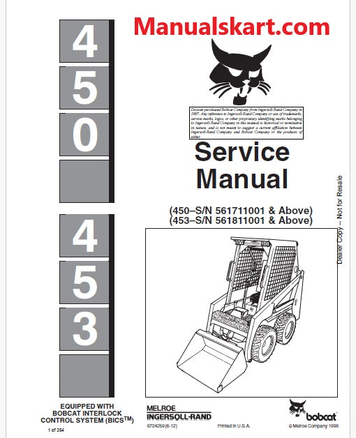 Bobcat 450 Skid Steer Loader Pdf Repair Service Manual S/N 561711001 & Above