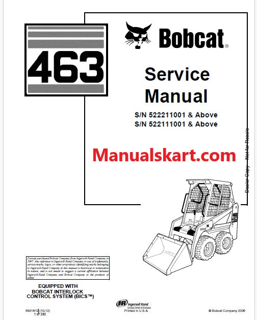 Bobcat 463 Skid Steer Loader Pdf Repair Service Manual (Pb no. 6901812)