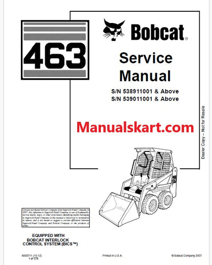 Bobcat 463 Skid Steer Loader Pdf Repair Service Manual (Pb no. 6903711)