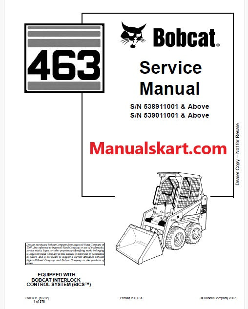 Bobcat 463 Skid Steer Loader Pdf Repair Service Manual (Pb no. 6903711)