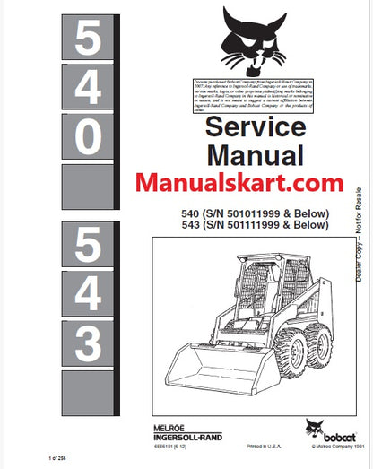 Bobcat 540 Skid Steer Loader Pdf Repair Service Manual S/N 501011999 & Below