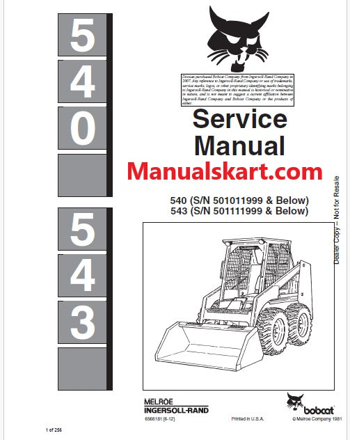 Bobcat 540 Skid Steer Loader Pdf Repair Service Manual S/N 501011999 & Below