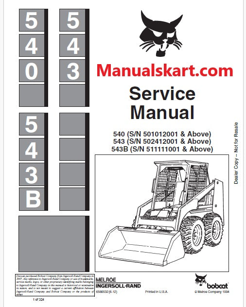 Bobcat 540 Skid Steer Loader Pdf Repair Service Manual S/N 501012001 & Above