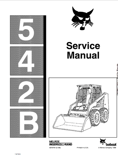 Bobcat 542B Skid Steer Loader Pdf Repair Service Manual