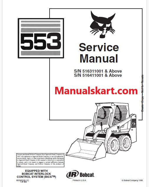 Bobcat 553 Skid Steer Loader Pdf Repair Service Manual (Pb no. 6900450)