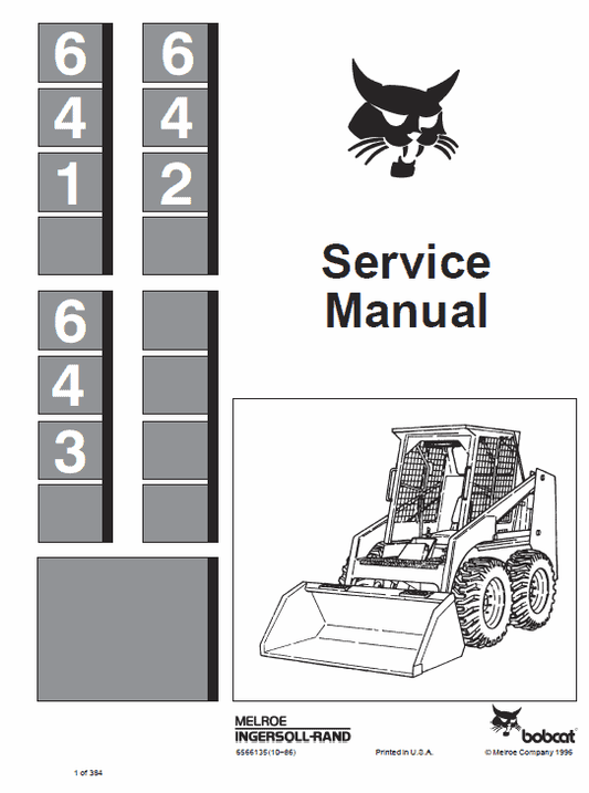 Bobcat 641, 642, 643 Skid Steer Loader Pdf Repair Service Manual (Pb. No. 6566135 6-12)