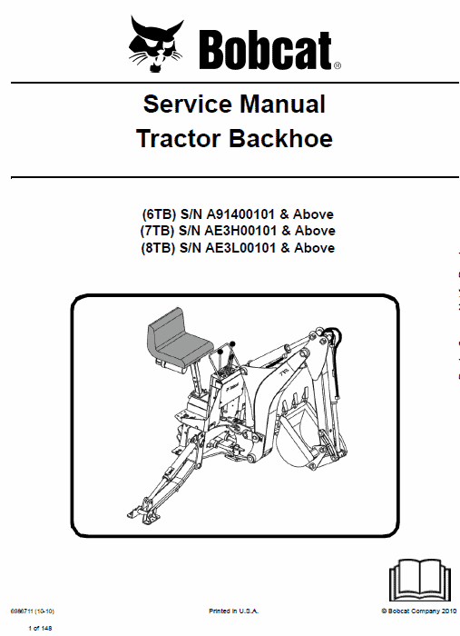 Bobcat 6TB, 7TB, 8TB Tractor Backhoe Pdf Repair Service Manual