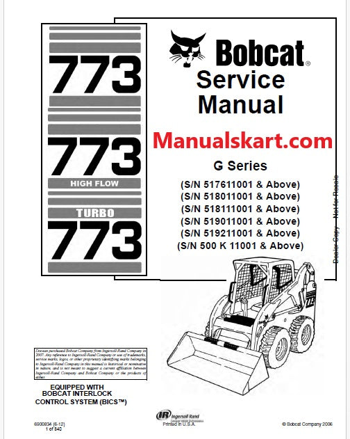 Bobcat 773, 773 High Flow Skid Steer Loader Pdf Repair Service Manual (G Series)