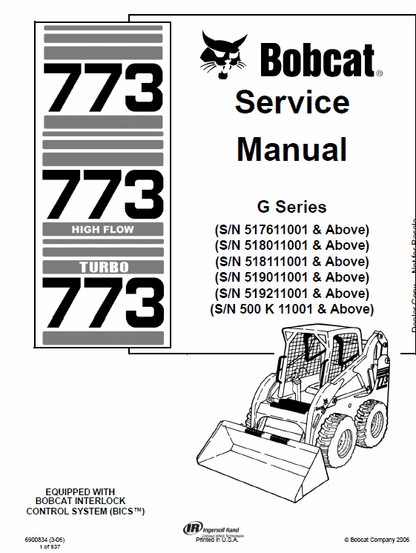 Bobcat 773 High Flow Skid Steer Loader G Series Pdf Repair Service Manual