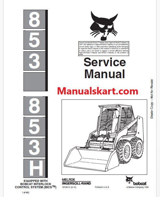 Bobcat 853, 853H Skid Steer Loader Pdf Repair Service Manual (Pb no. 6724012)