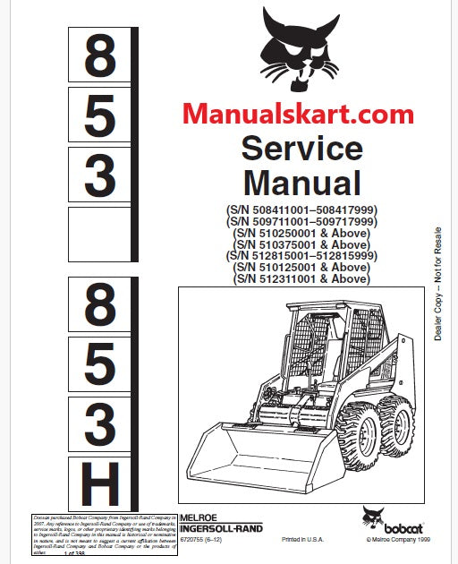 Bobcat 853, 853H Skid Steer Loader Pdf Repair Service Manual