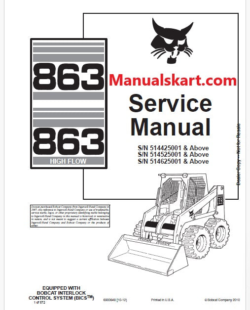 Bobcat 863, 863 High Flow Skid Steer Loader Pdf Repair Service Manual (Pb no. 6900648)